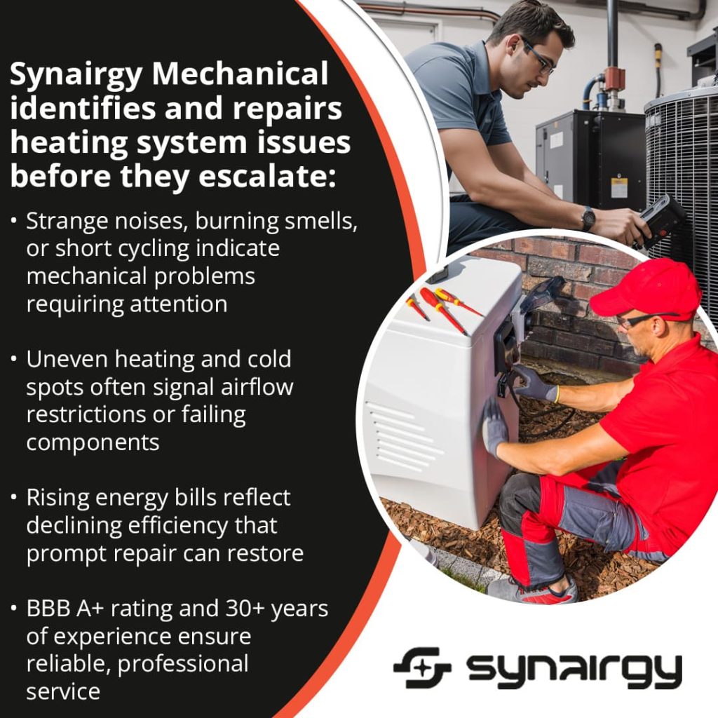 An informational graphic from Synairgy Mechanical detailing common heating system issues that require repair.