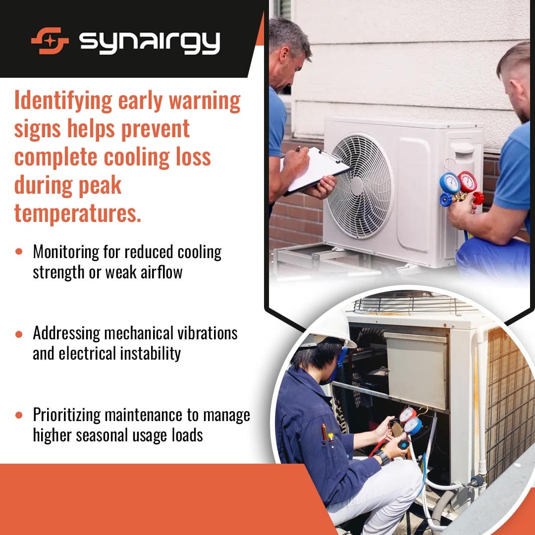 Synairgy infographic on identifying early warning signs to prevent cooling loss. Lists checking for weak airflow, mechanical vibrations, and managing high usage loads alongside images of HVAC technicians servicing air conditioning systems.