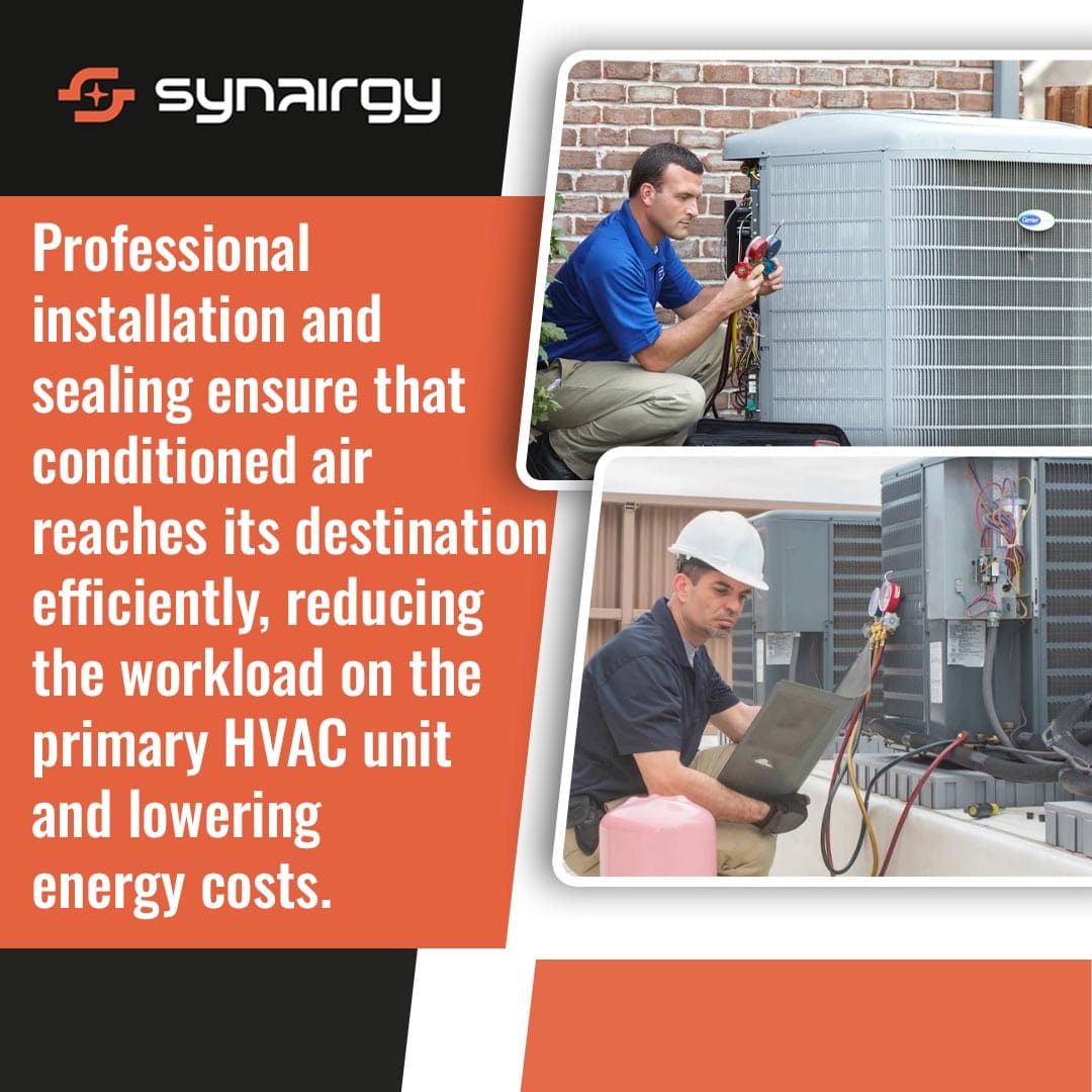 Synairgy advertisement demonstrating how professional HVAC installation and sealing lower energy costs. Displays images of certified technicians connecting manifold gauges to outdoor residential cooling units.